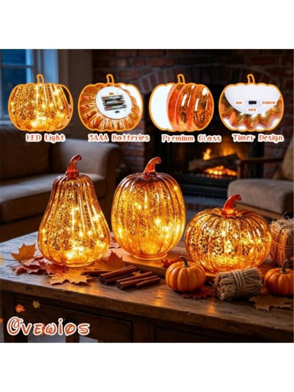 3 Pcs Mercury Glass Pumpkin Lights with Timer Pumpkins Lamps Tabletop Decor - Picture 2 of 5
